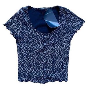 Brandy Melville Ruffled Navy blue Floral Zelly top